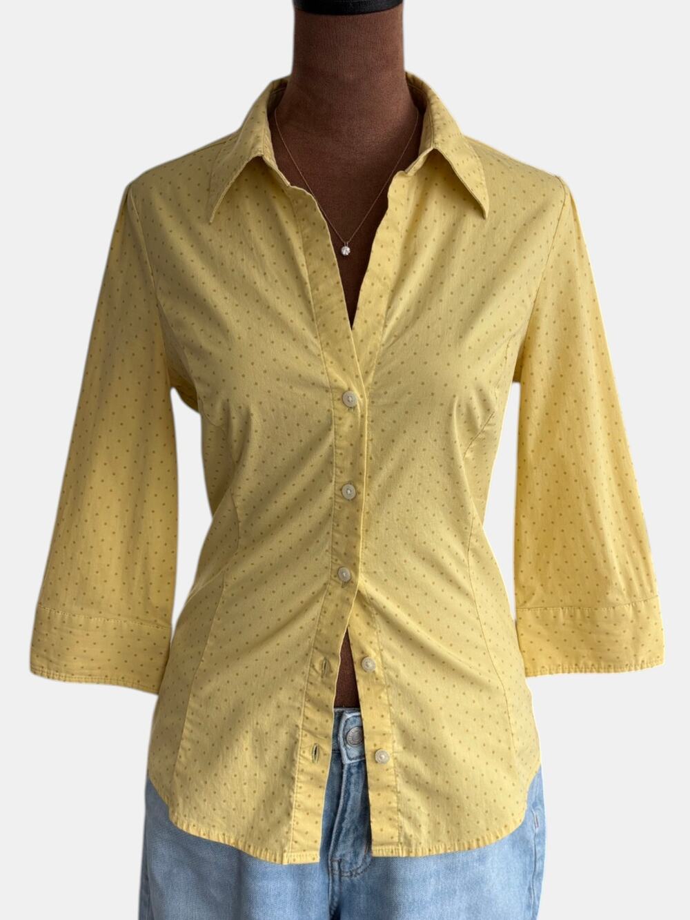 2007 Express Design Studio Yellow Polka Dot Top Fitted Cotton Shirt Y2K Small